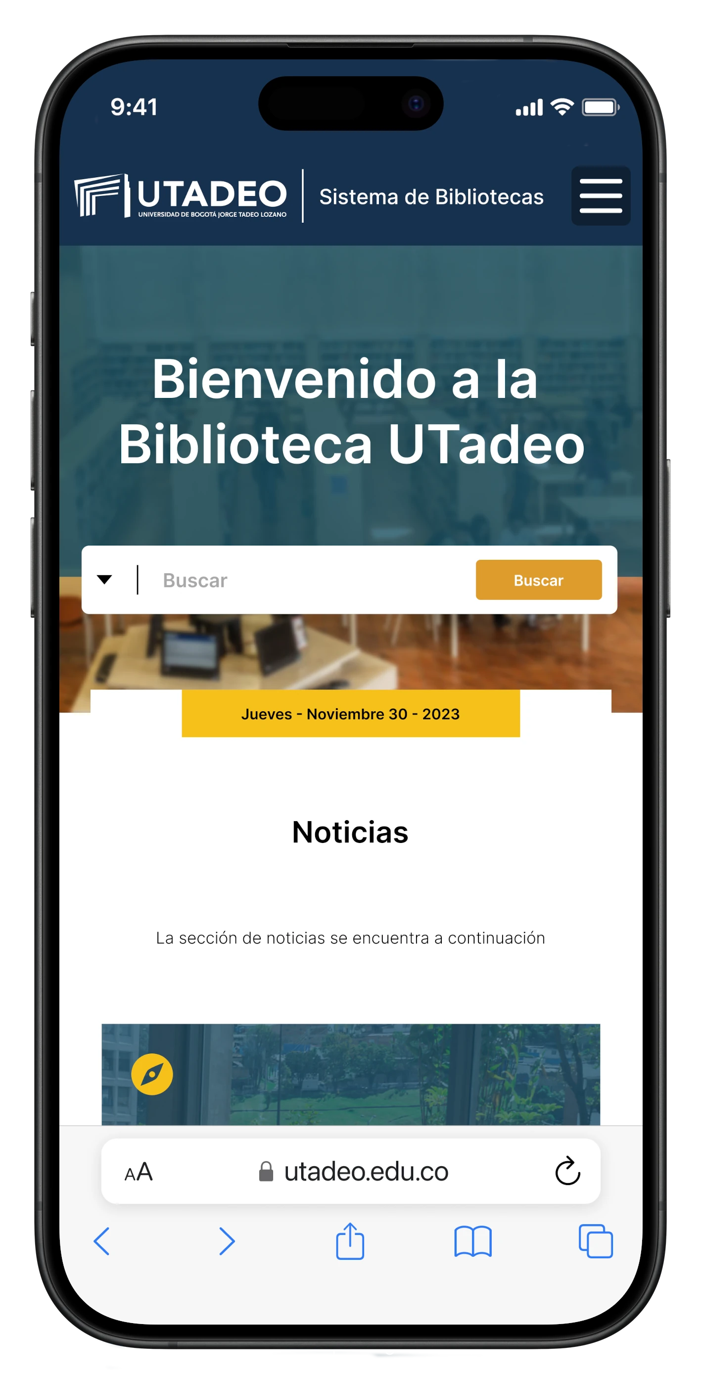 Imagen de un iphone con la pagina de la biblioteca